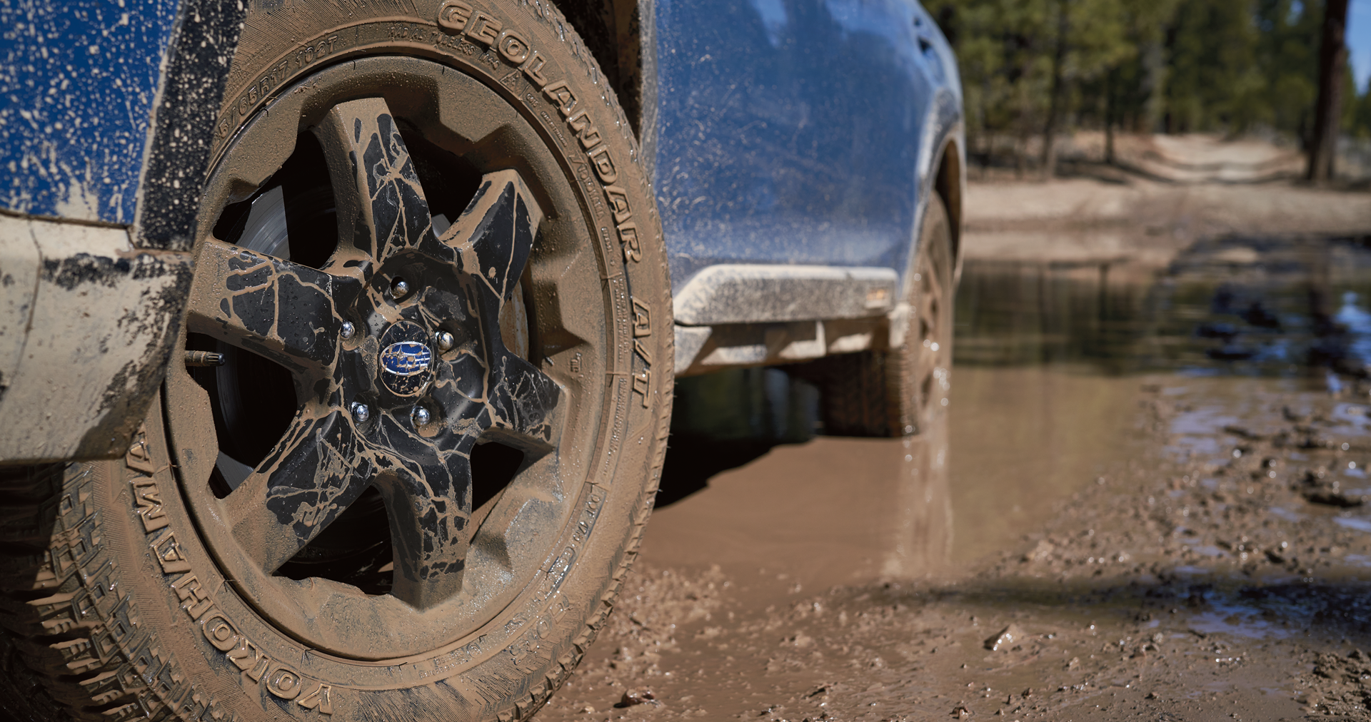 A close-up of the 17-inch off-road wheels and all-terrain Yokohama GEOLANDAR® tires on the 2023 Outback Wilderness. | Dean Team Subaru in Ballwin MO