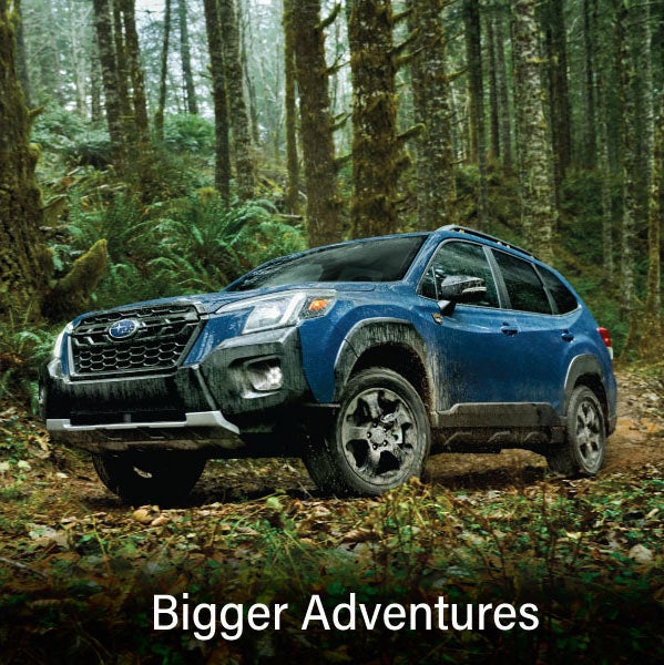 A blue Subaru outback wilderness with the words &ldquo;Bigger Adventures&ldquo;. | Dean Team Subaru in Ballwin MO