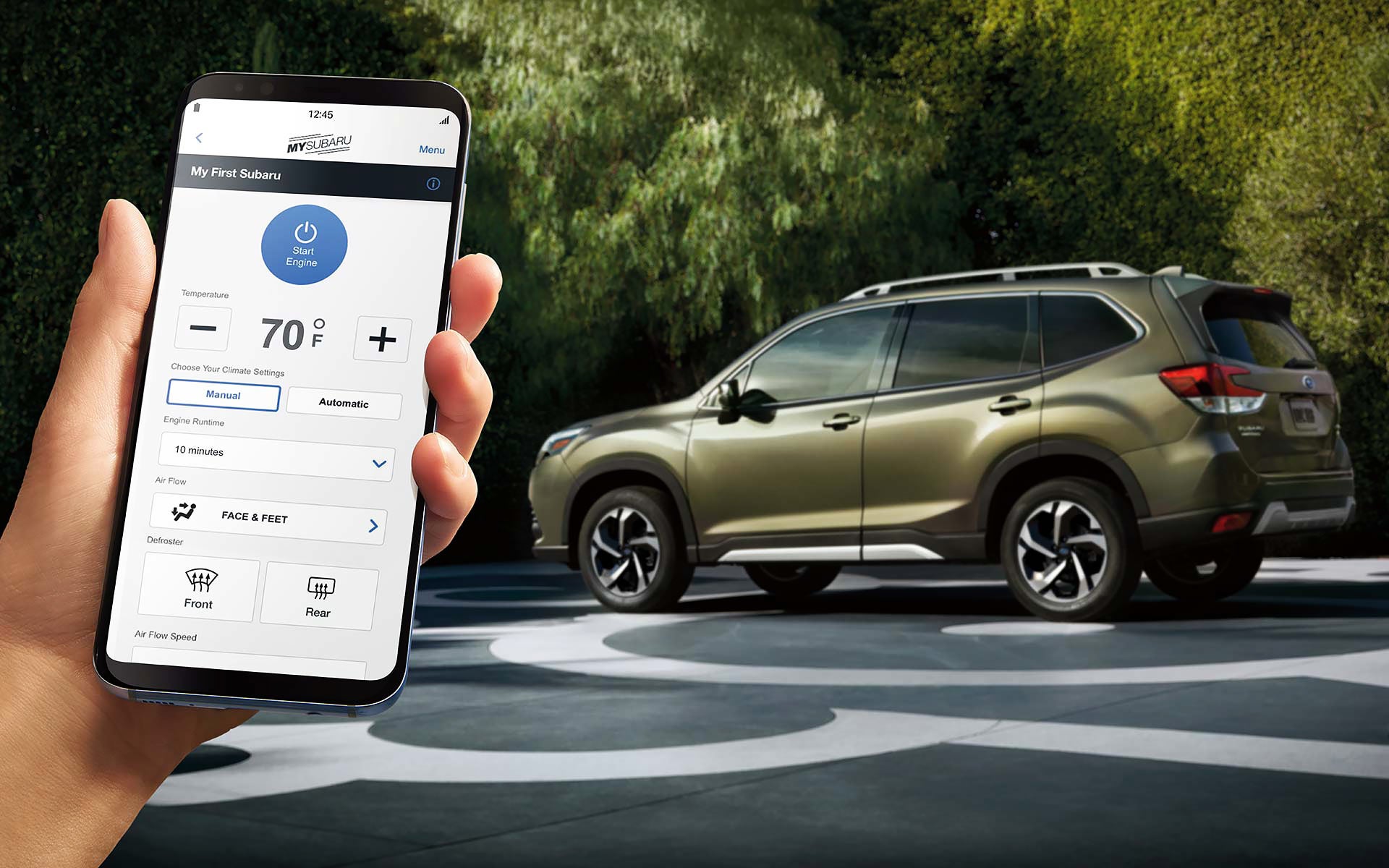 A close-up of a phone showing the Remote Engine Start with Climate Control feature of SUBARU STARLINK® Safety and Security available on the 2022 Forester. | Dean Team Subaru in Ballwin MO